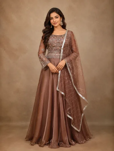 Coral Floral Embroidered Organza Bridesmaids Lehenga